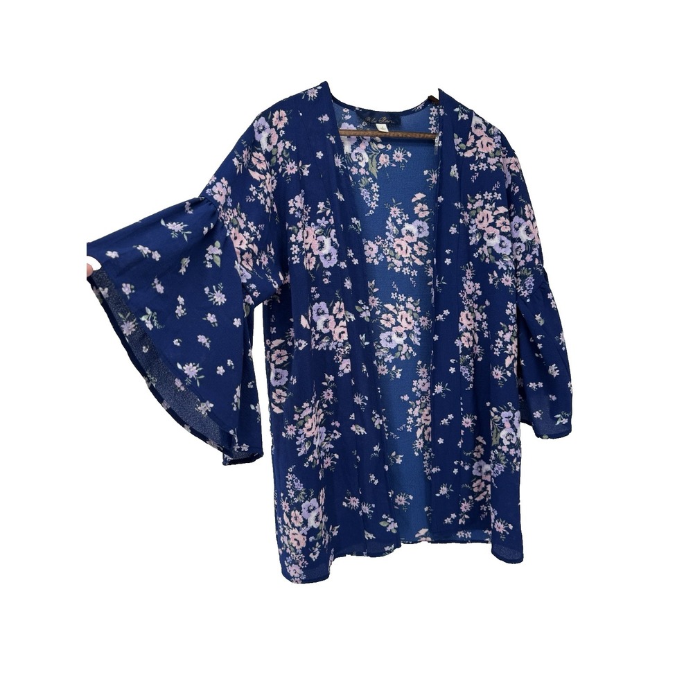 Blue Rain blue pink bell sleeve open front kimono cover up cottagecore fairy S